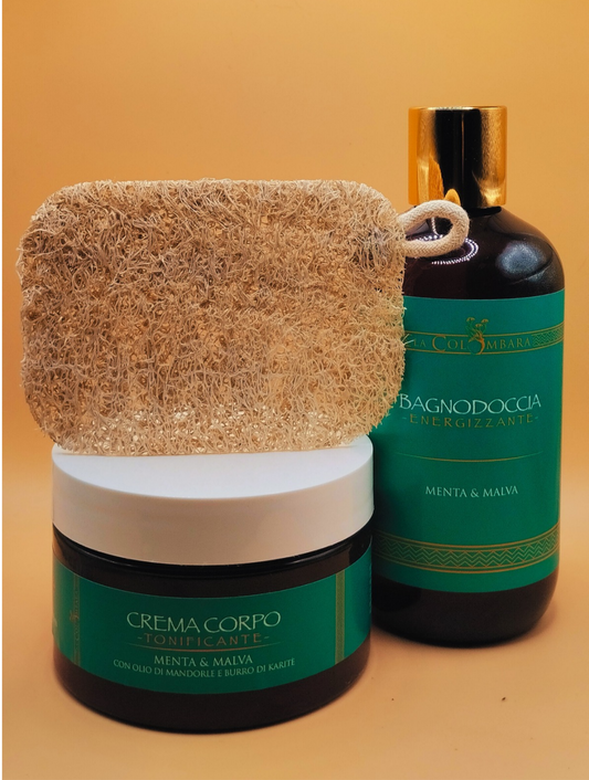 Bagnodoccia energizzante + Crema corpo tonificante + Spugna in luffa esfoliante