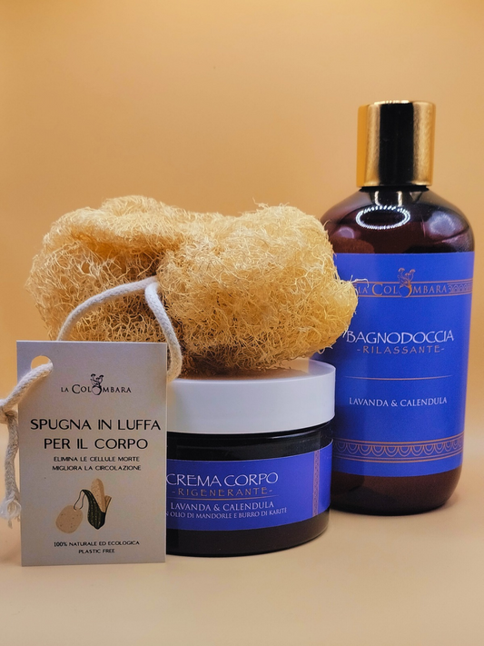 BOX BAGNODOCCIA RILASSANTE+ CREMA CORPO RIGENERANTE + SPUGNA IN LUFFA